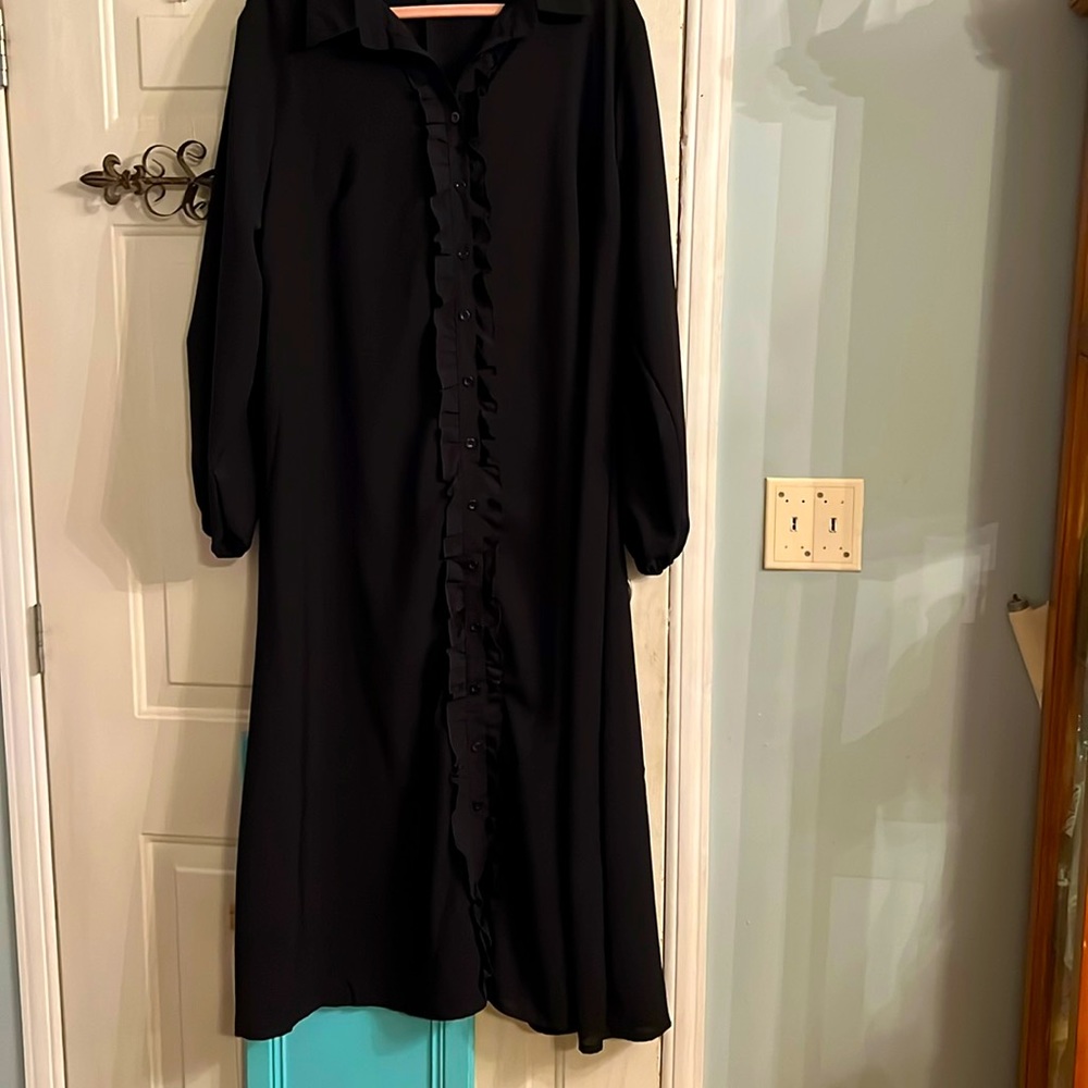 Black, ruffle, trim, button up straight dress